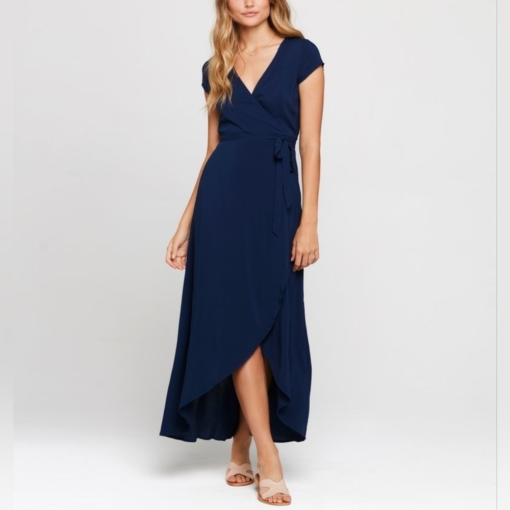 L*Space Goa V‎ Neck Cap Sleeve High Low Wrap Maxi Dress Midnight Blue Medium